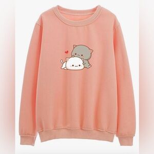 KEEVICI Women Sweatshirt Cute Cat Pattern Crewneck Long Sleeve Cotton Casual Top